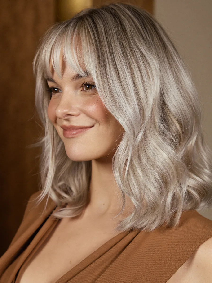 Modern Ash Blonde Shoulder-Length Lob with Flowing Curtain Bangs
