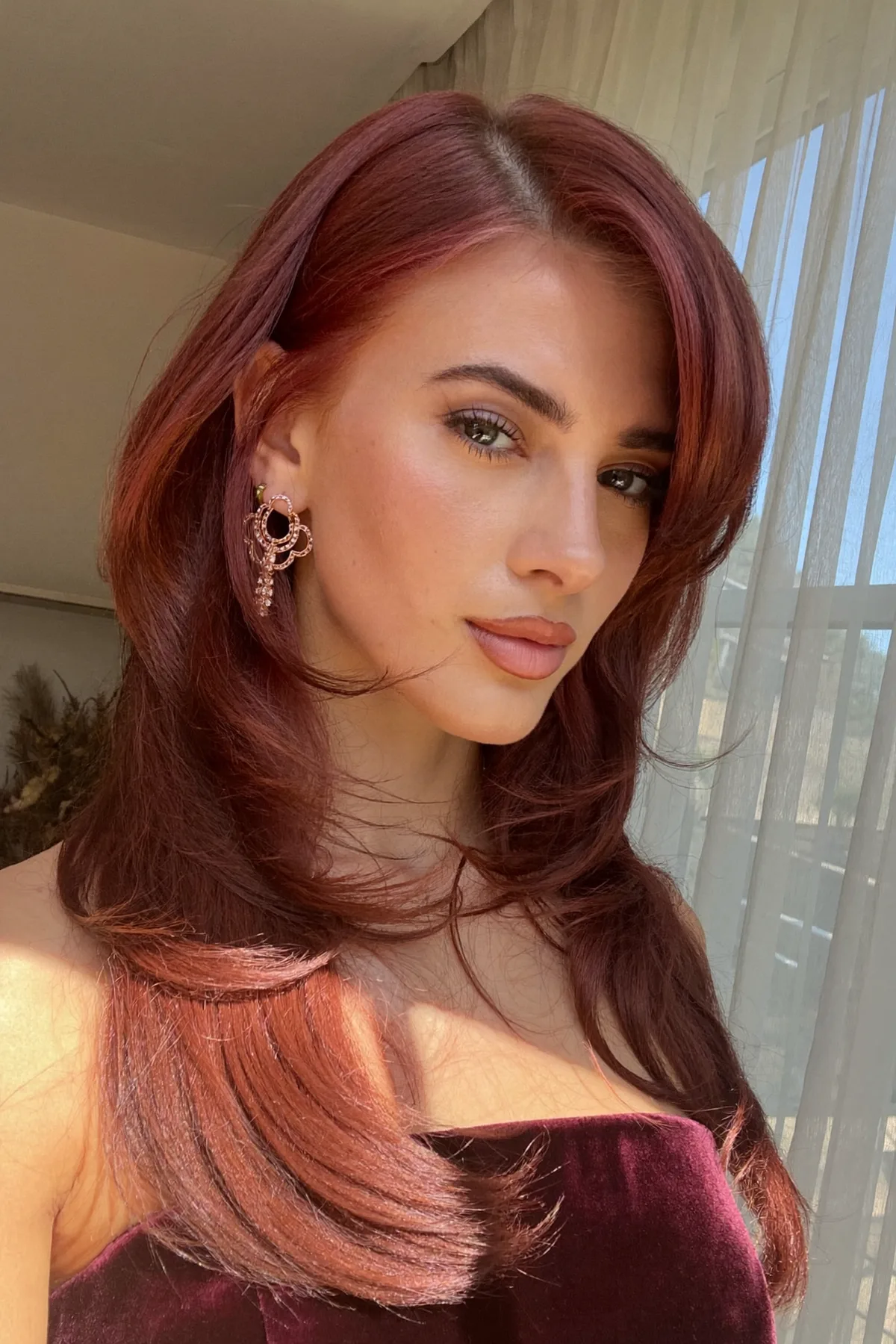 Sleek Auburn Copper Long Bob with Curtain Bangs