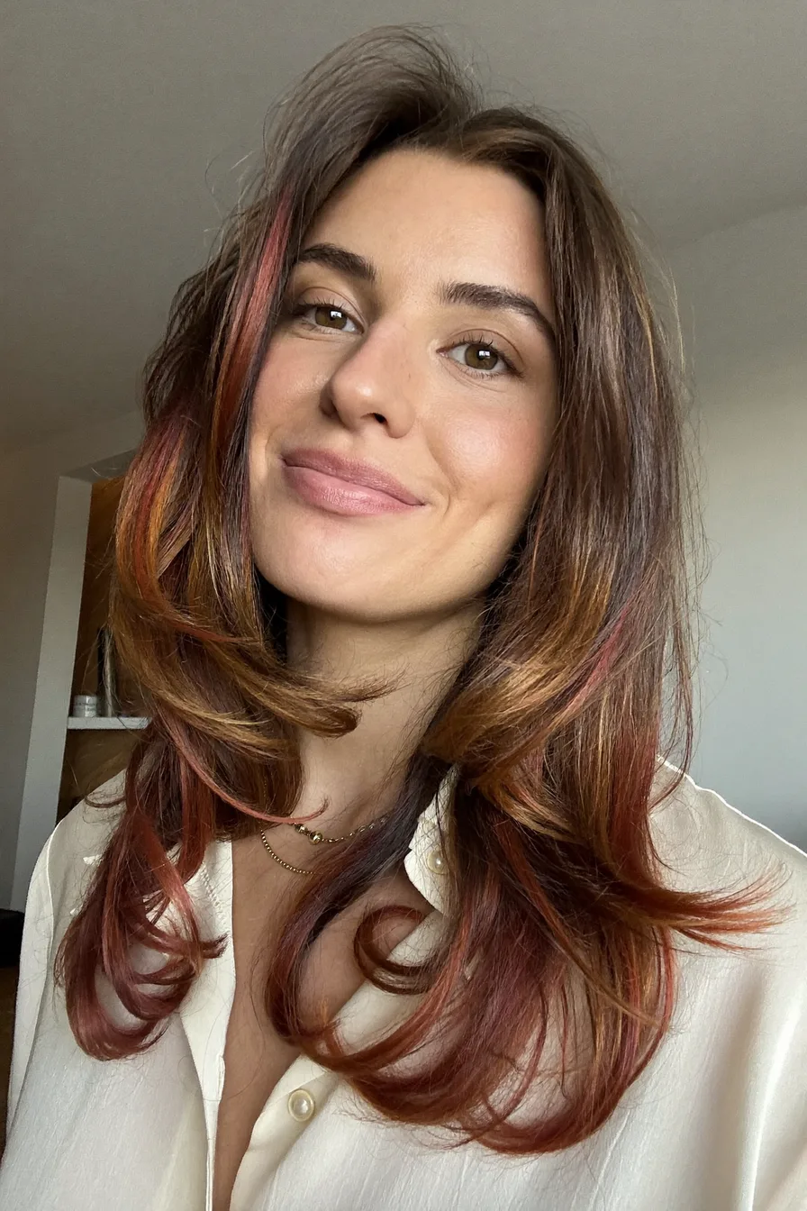 Softly Layered Auburn Red Long Layered Cut With Face-Framing Shine