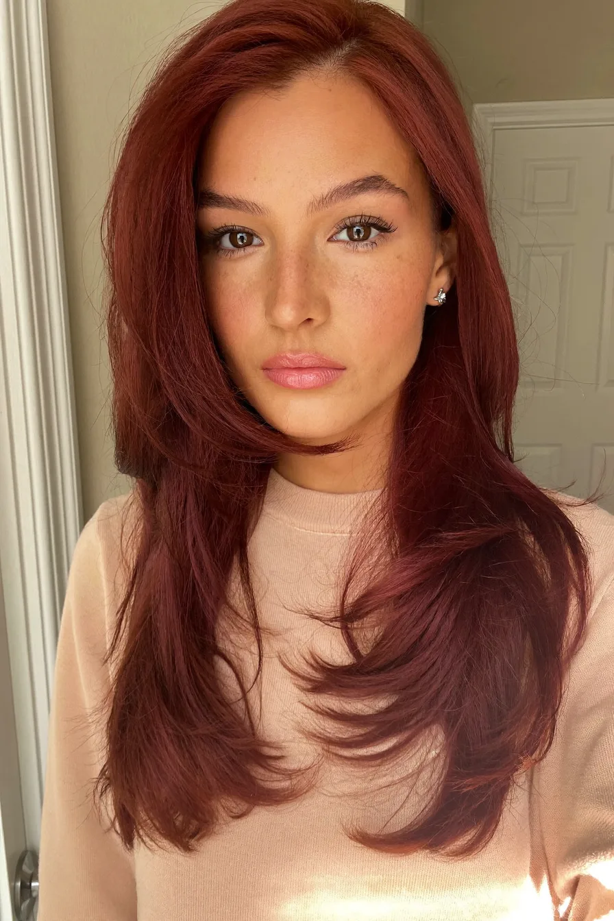 Classic Soft Auburn Red Long Layered Haircut With Face-Framing Volume