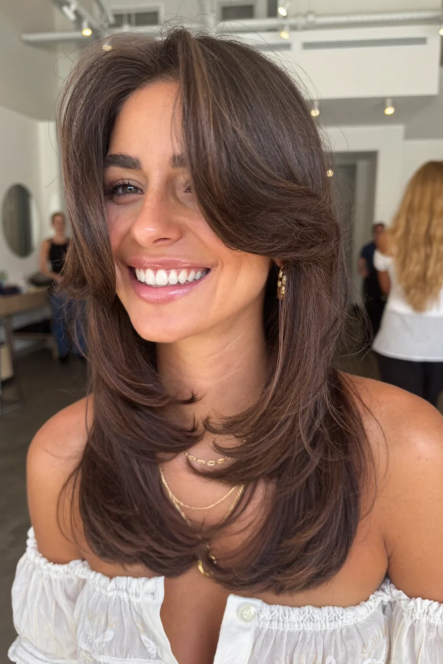 Voluminous Layered Charcoal Brunette with Face-Framing Bangs