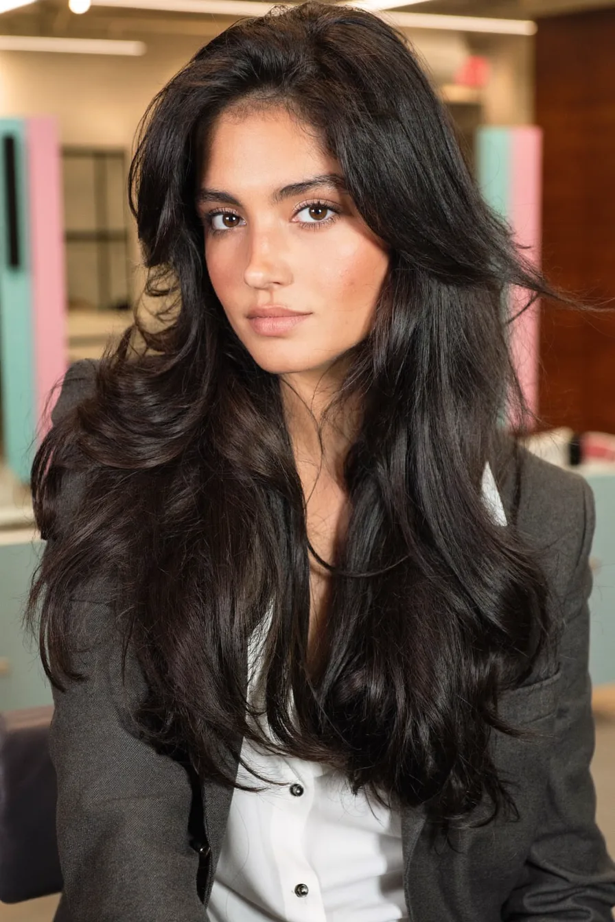 Long Layered Charcoal Brunette Style With Voluminous Waves