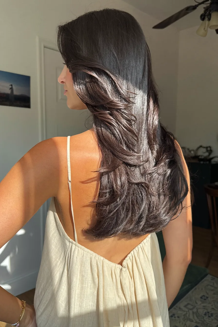 Sleek Layered Charcoal Brunette with Natural Shine Finish