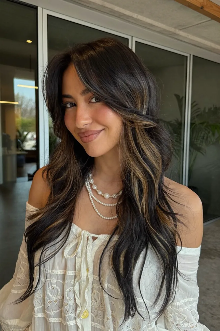Long Layered Charcoal Brunette With Face-Framing Highlights