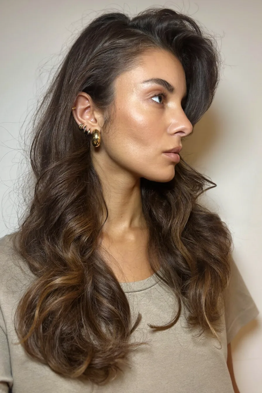 Voluminous Long Layers With Cool Charcoal Brunette Tones