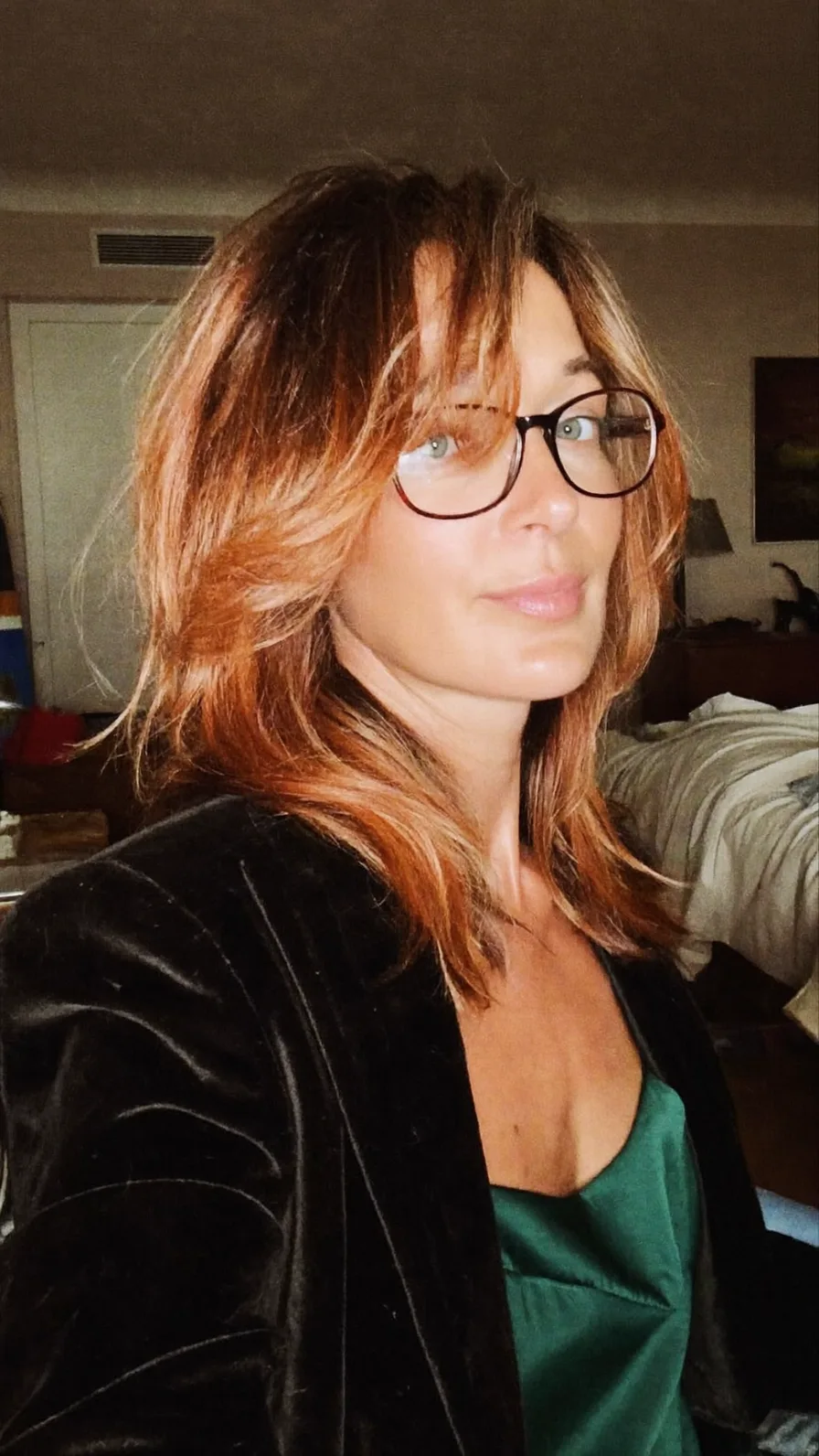 Flowing Copper Auburn Long Layers with Feathered Curtain Bangs