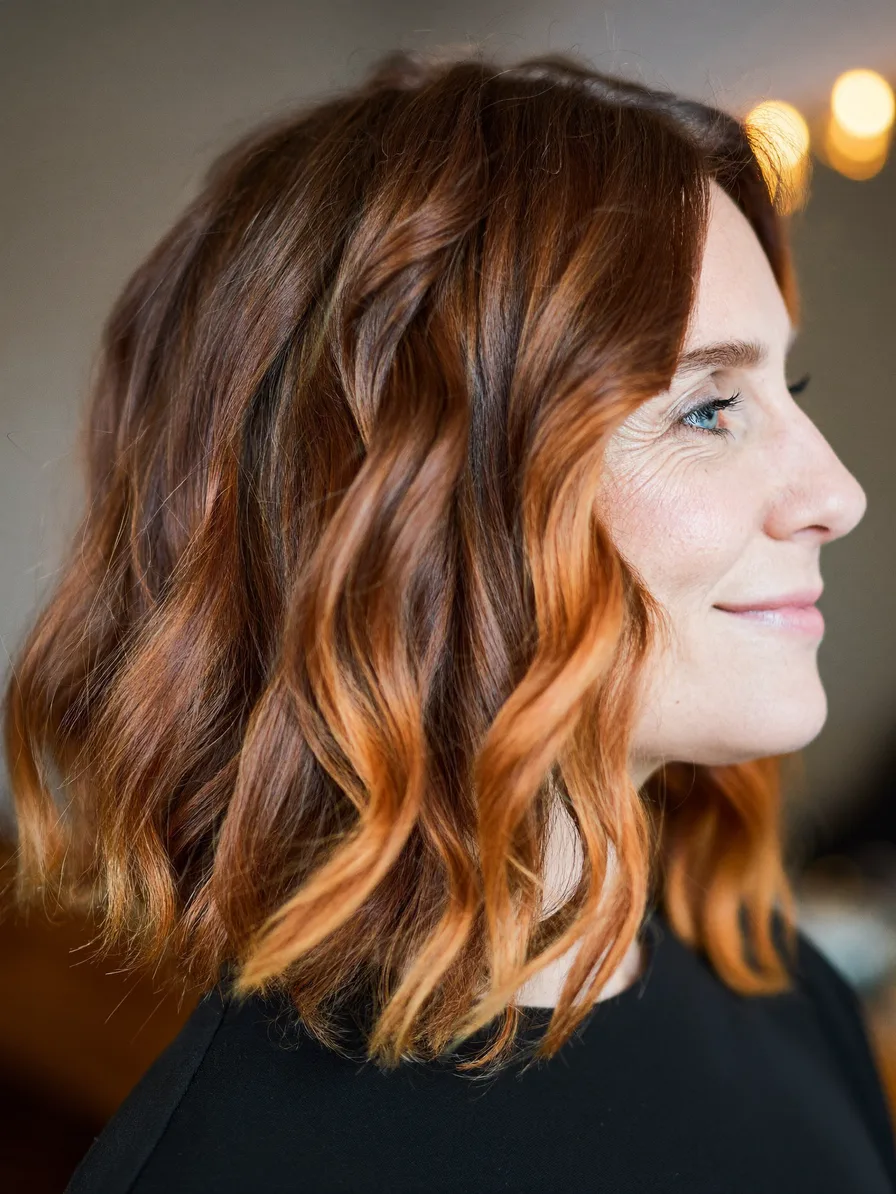 Flowing Copper Medium-Length Hair with Curtain Bangs