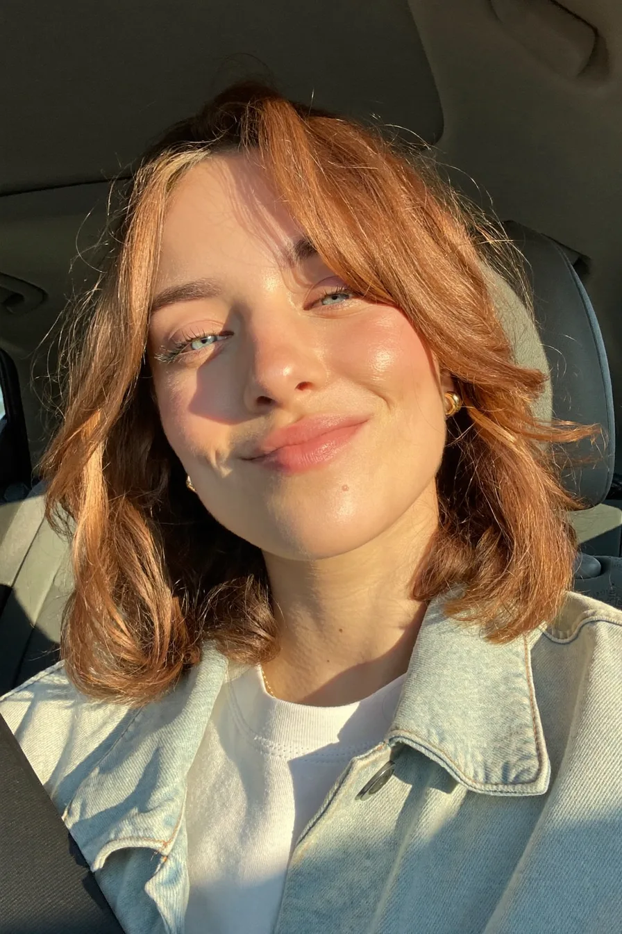 Modern Shoulder-Length Copper Hair with Curtain Bangs