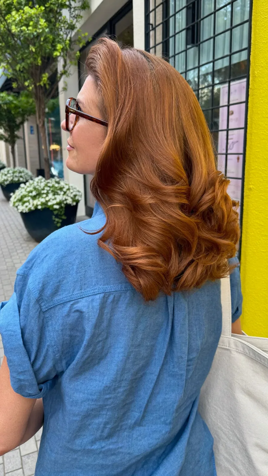 Voluminous Medium Copper Auburn Long Layer Hairstyle for Waves