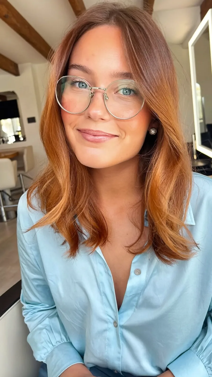Classic Medium Length Copper Auburn Hair with Curtain Bangs