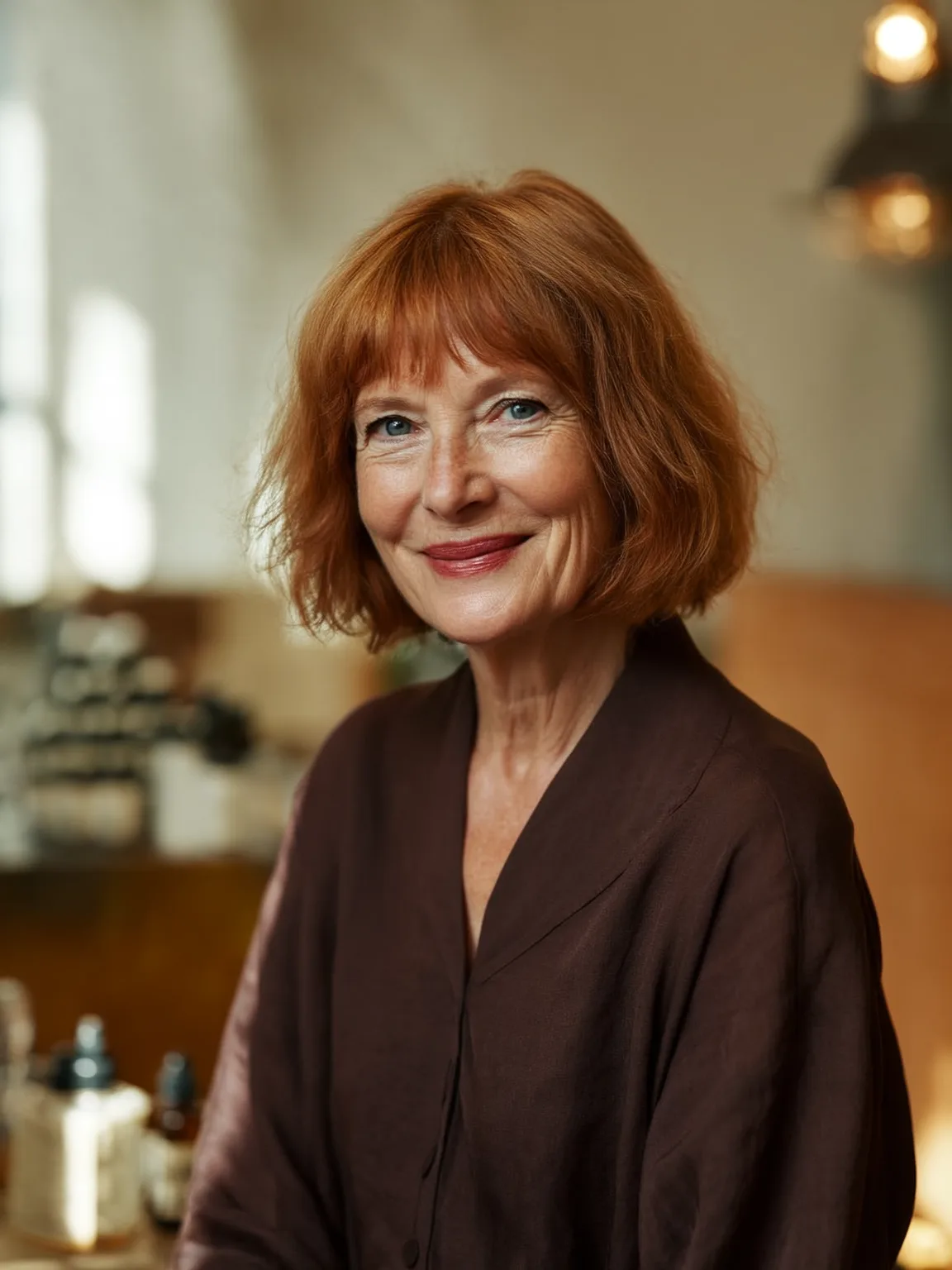 Wavy Copper Red Bob with Wispy Bangs for Air-Dried Texture