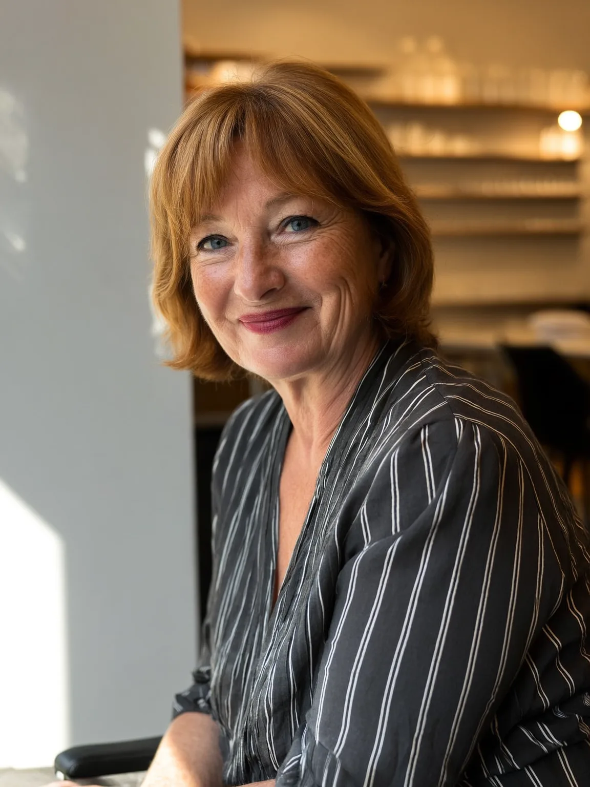 Straight Warm Copper Brown Bob with Side-Swept Bangs for Oval Faces