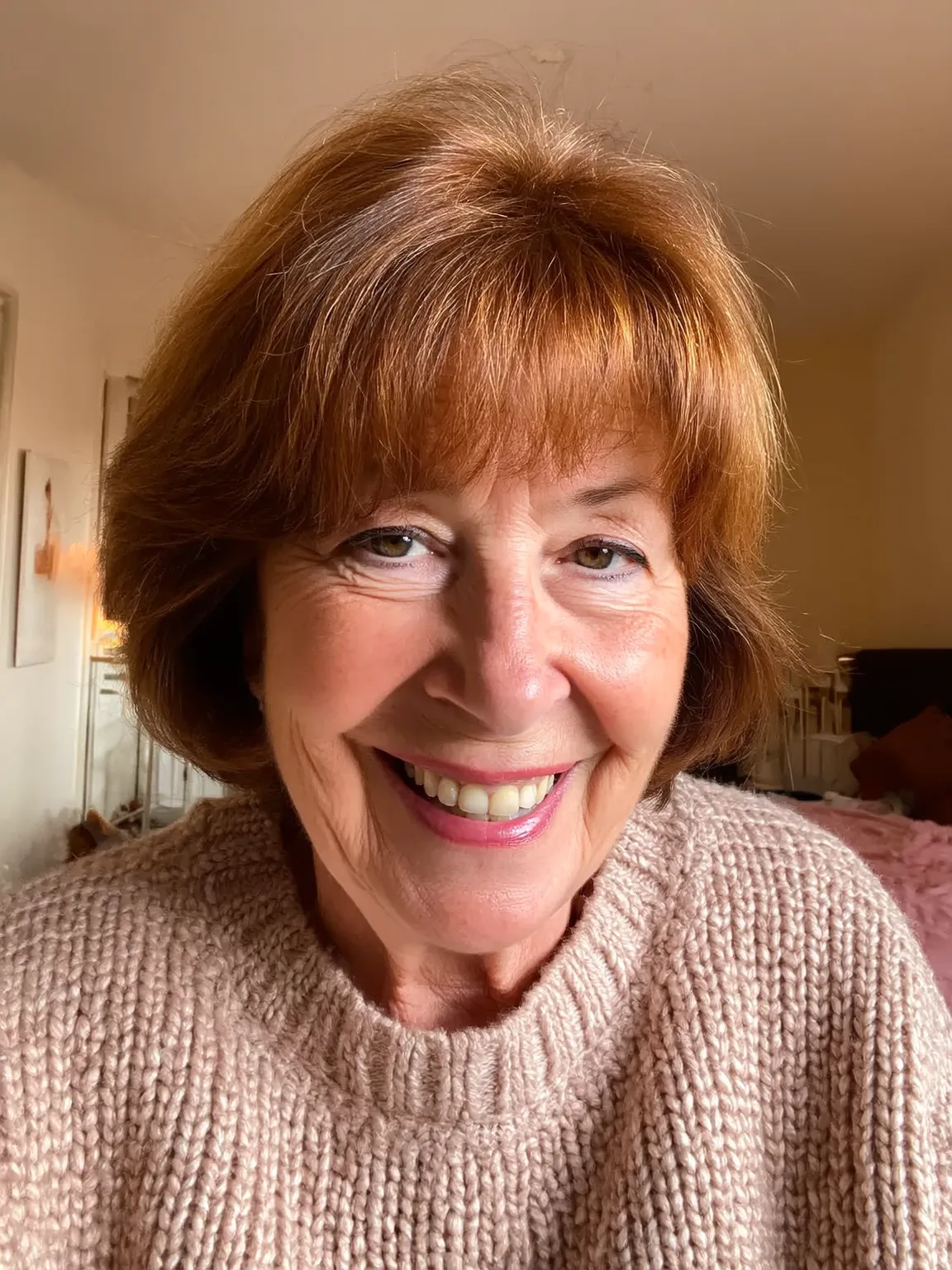 Short Wavy Warm Copper Brown Bob with Blunt Bangs for Round Faces