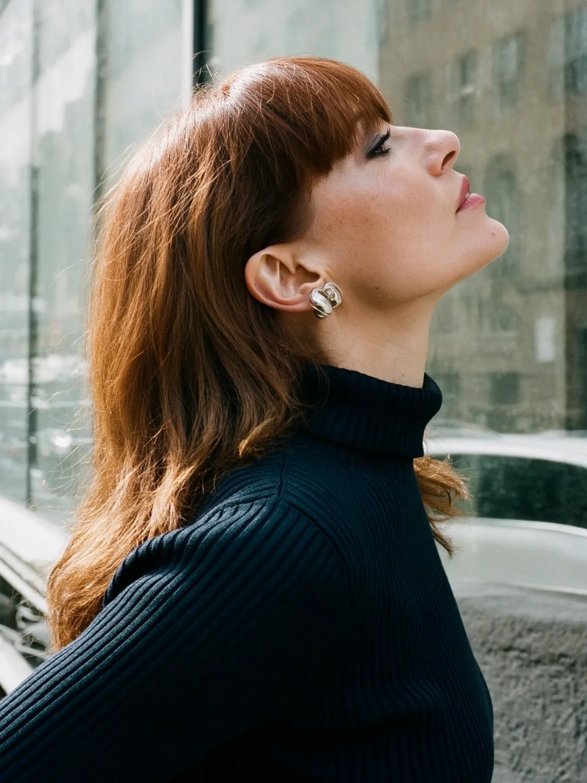 Long Copper Brown Bob with Straight Texture and Blunt Bangs