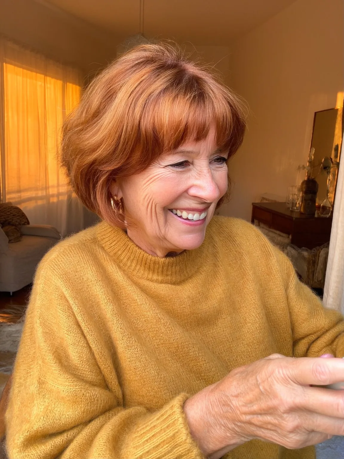 Chin-Length Straight Bob with Blunt Bangs in Warm Copper Auburn