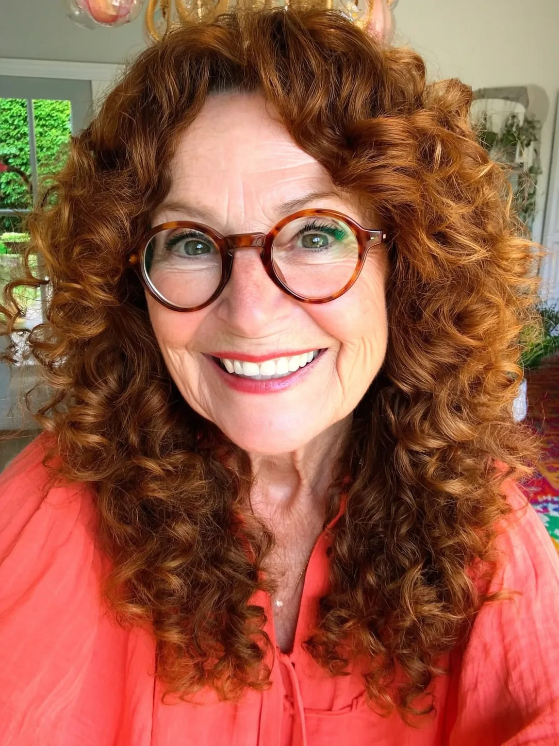 Long Curly Layers in Warm Copper Brown for Round Faces