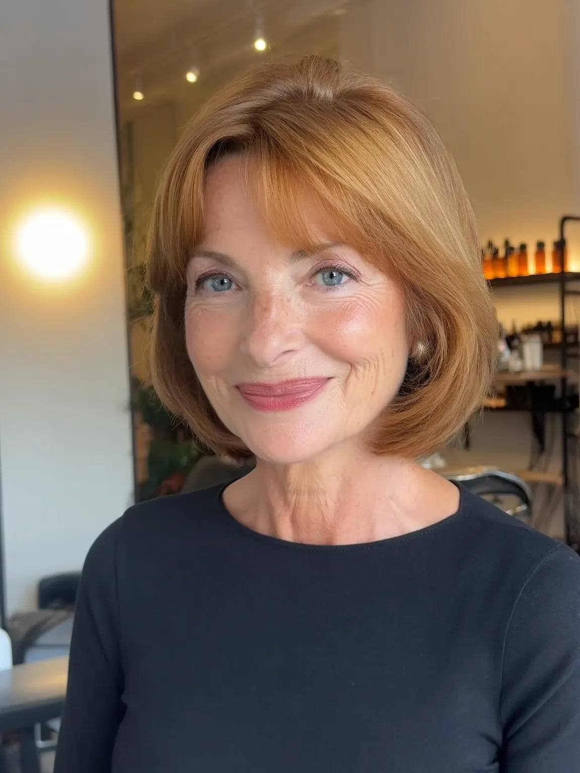 Straight Warm Copper Brown Bob with Side-Swept Bangs