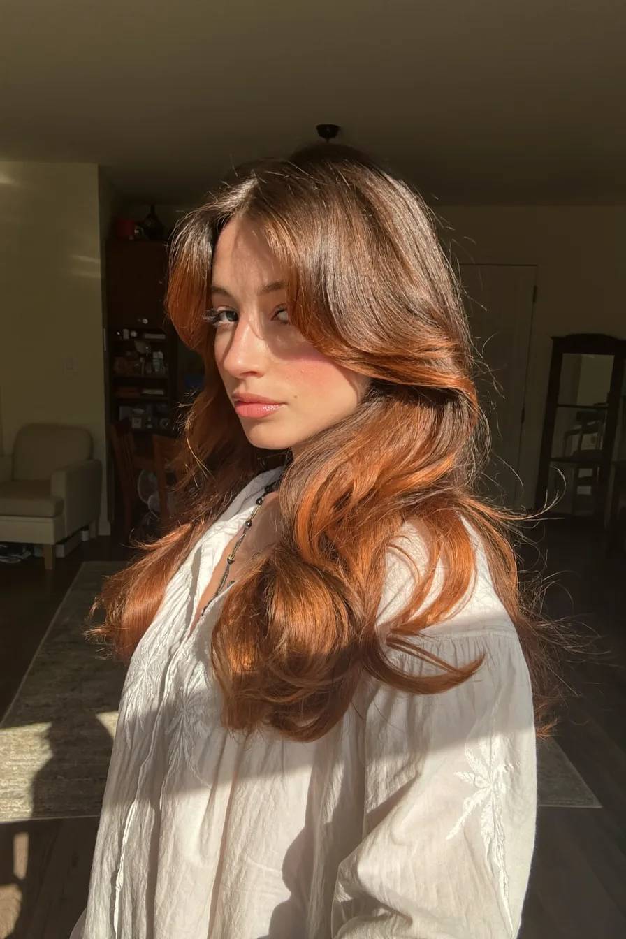Soft Layered Copper Red Waves for Long, Voluminous Hair