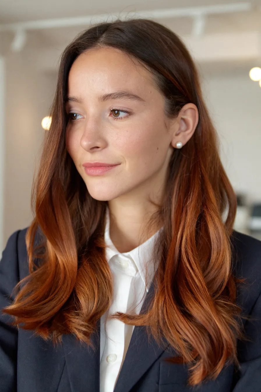 Sleek Copper Red Balayage Waves for Long Hair