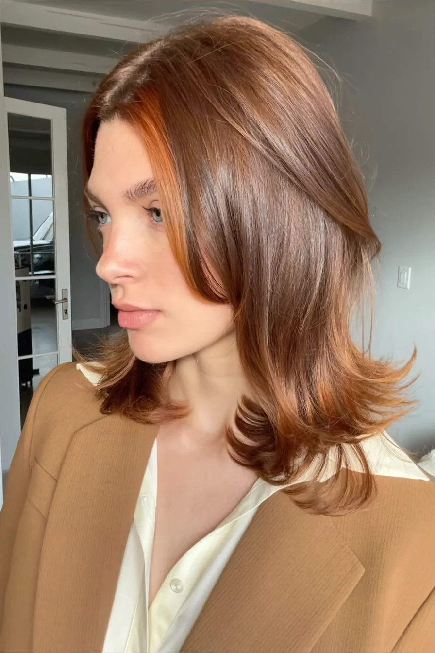 Medium Layered Copper Red Hairstyle with Face-Framing Waves