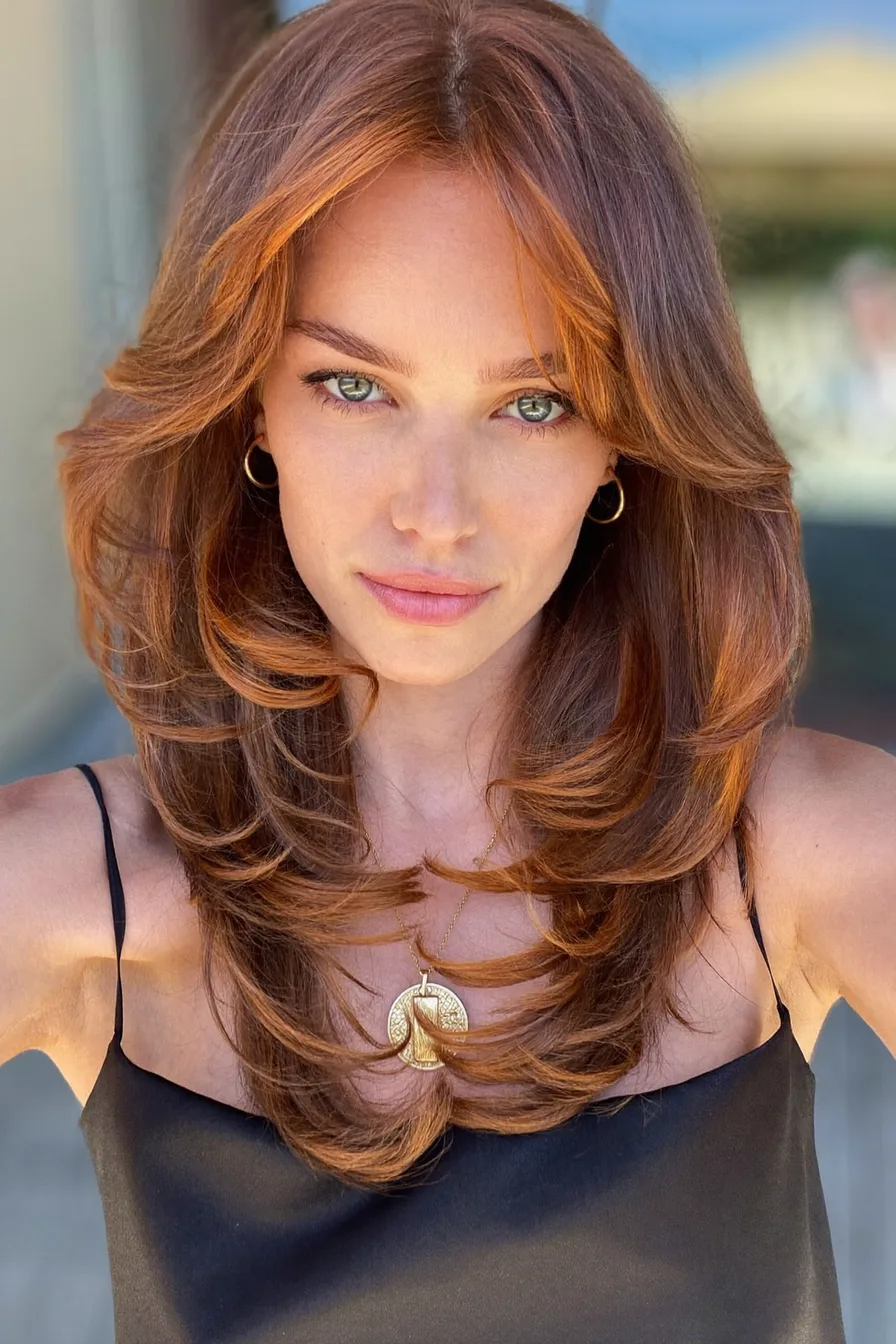Layered Curtain Bangs with Flowing Copper Red Waves