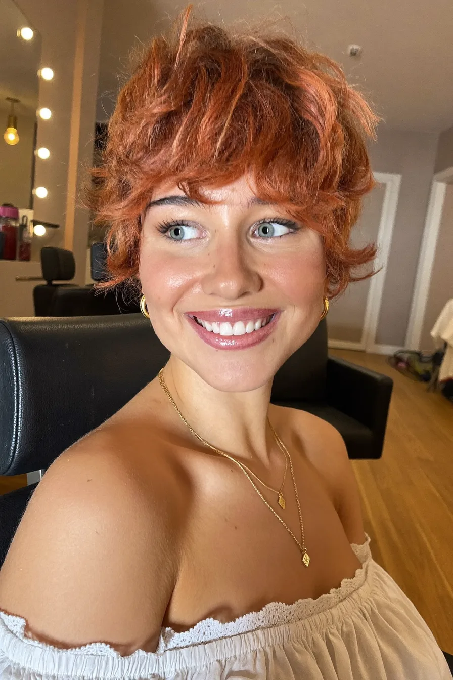 Short Textured Copper Red Shag With Wispy Bangs