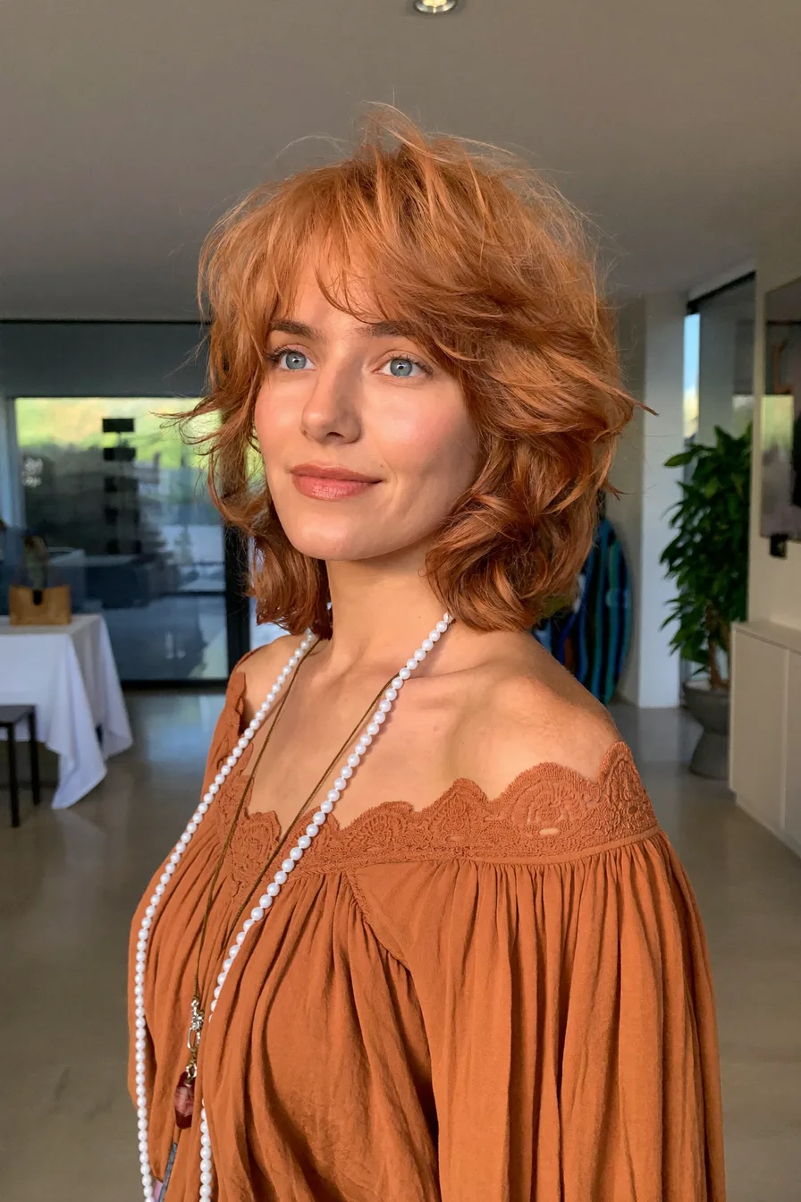Voluminous Chin-Length Copper Shag with Wispy Bangs