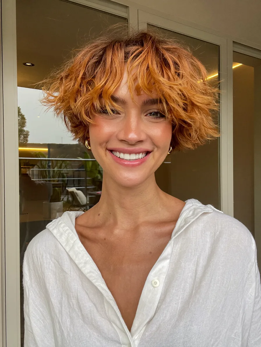 Voluminous Shag with Choppy Curtain Bangs in Copper Orange