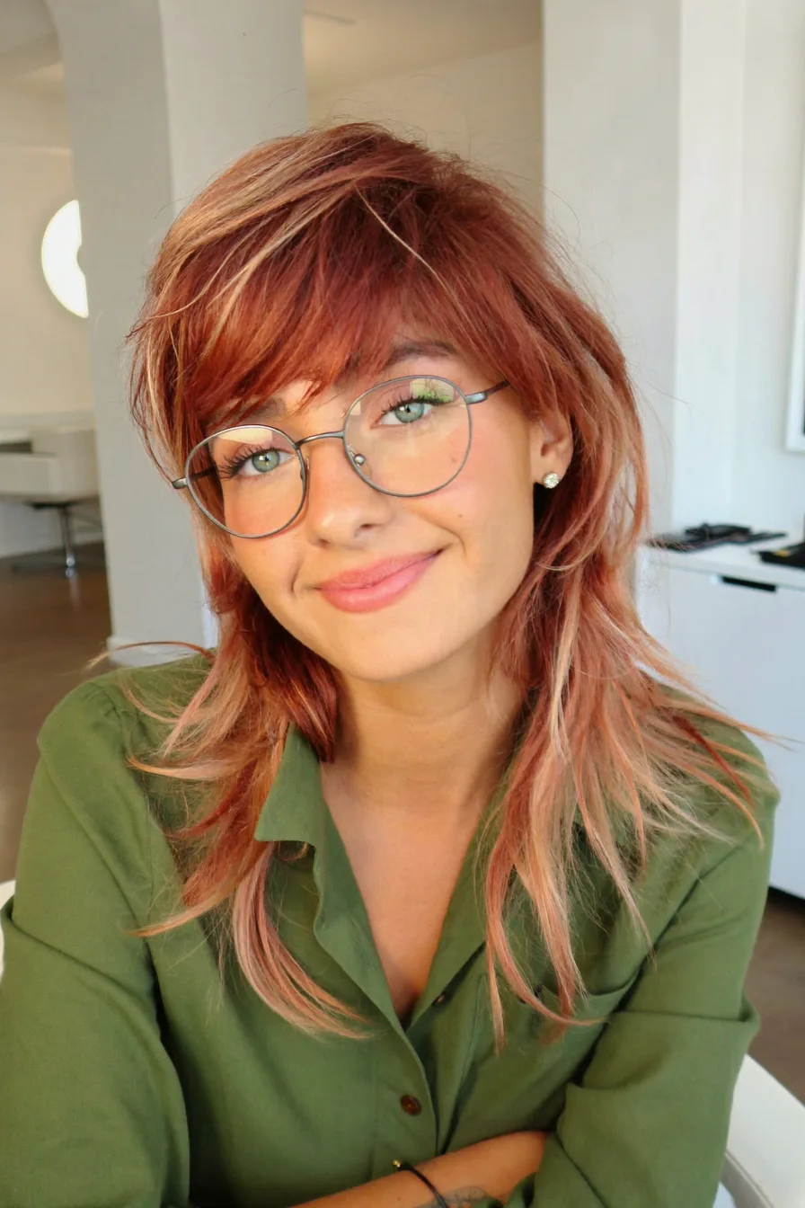 Modern Copper Shag with Textured Side-Swept Bangs