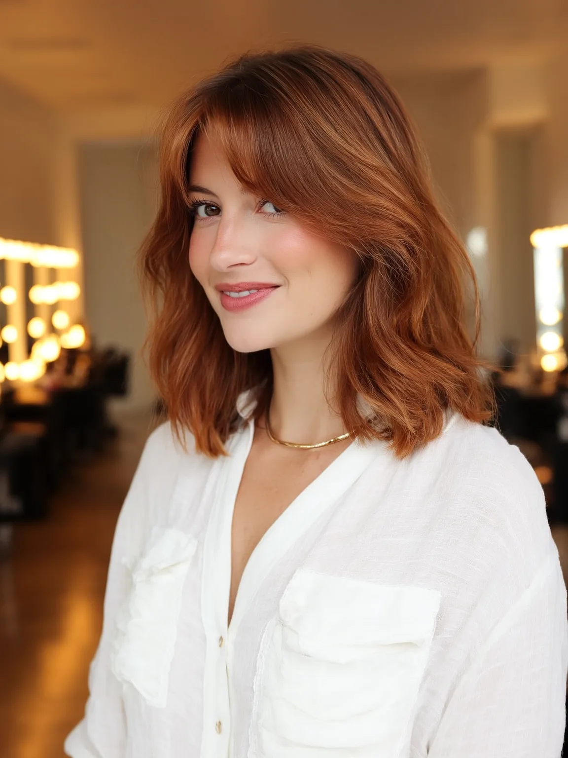 Shoulder-Length Copper Brown Waves with Curtain Bangs