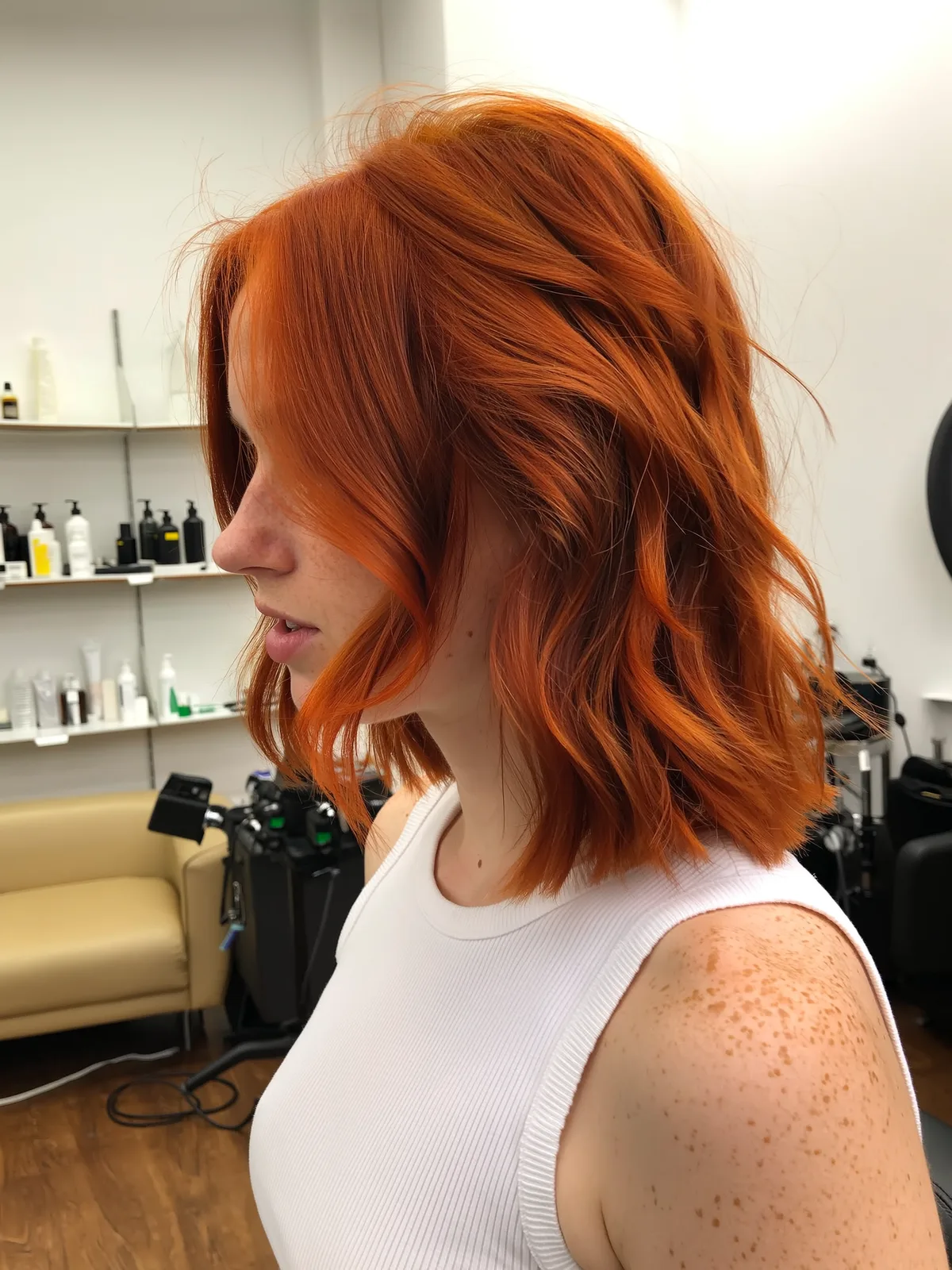 Medium-Length Vibrant Copper Orange Wavy Lob