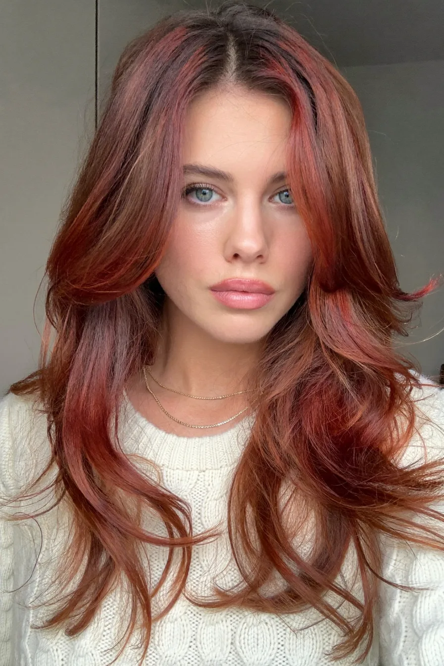 Voluminous Layered Cowgirl Copper Waves with Face-Framing Highlights