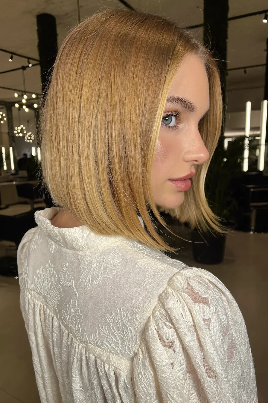 Chic Creme Brulee Blonde Bob With Sleek Precision Ends