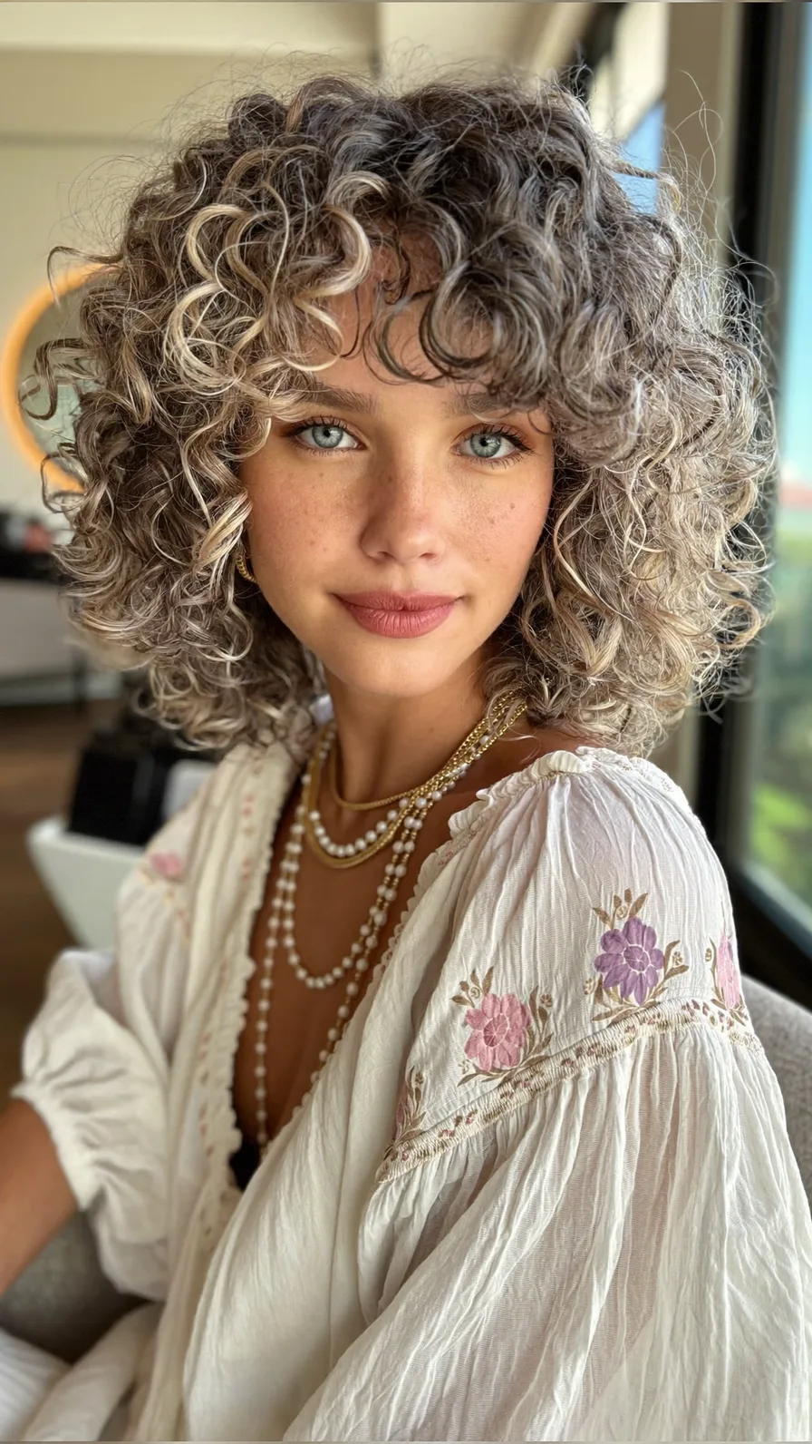 Voluminous Curly Layered Bob with Ash Blonde Highlights