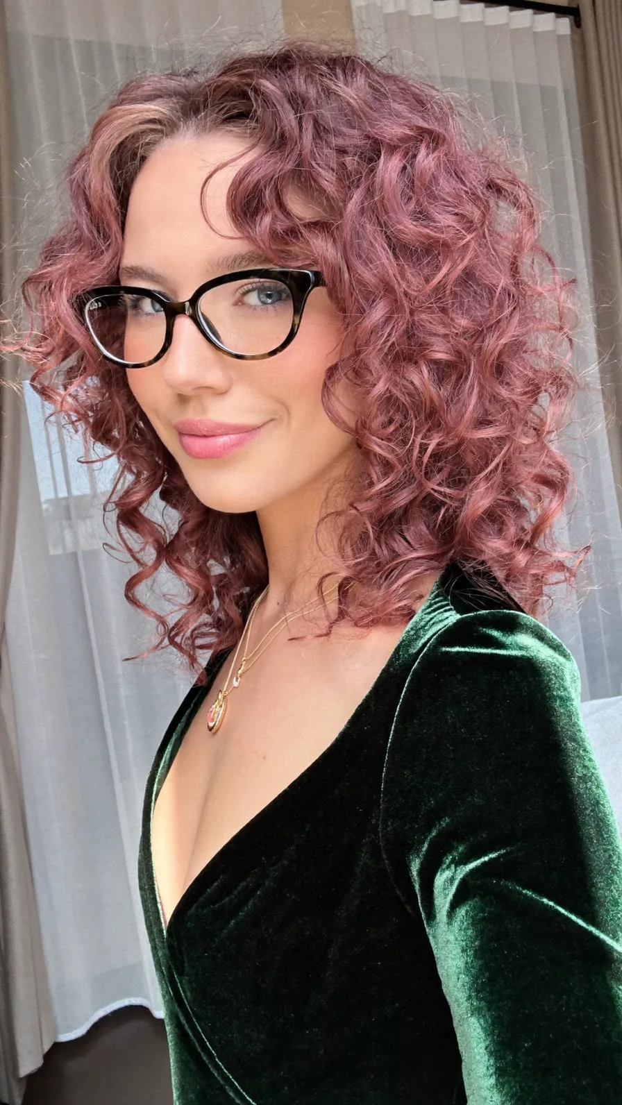 Voluminous Curly Bob with Dusty Rose Curtain Bangs