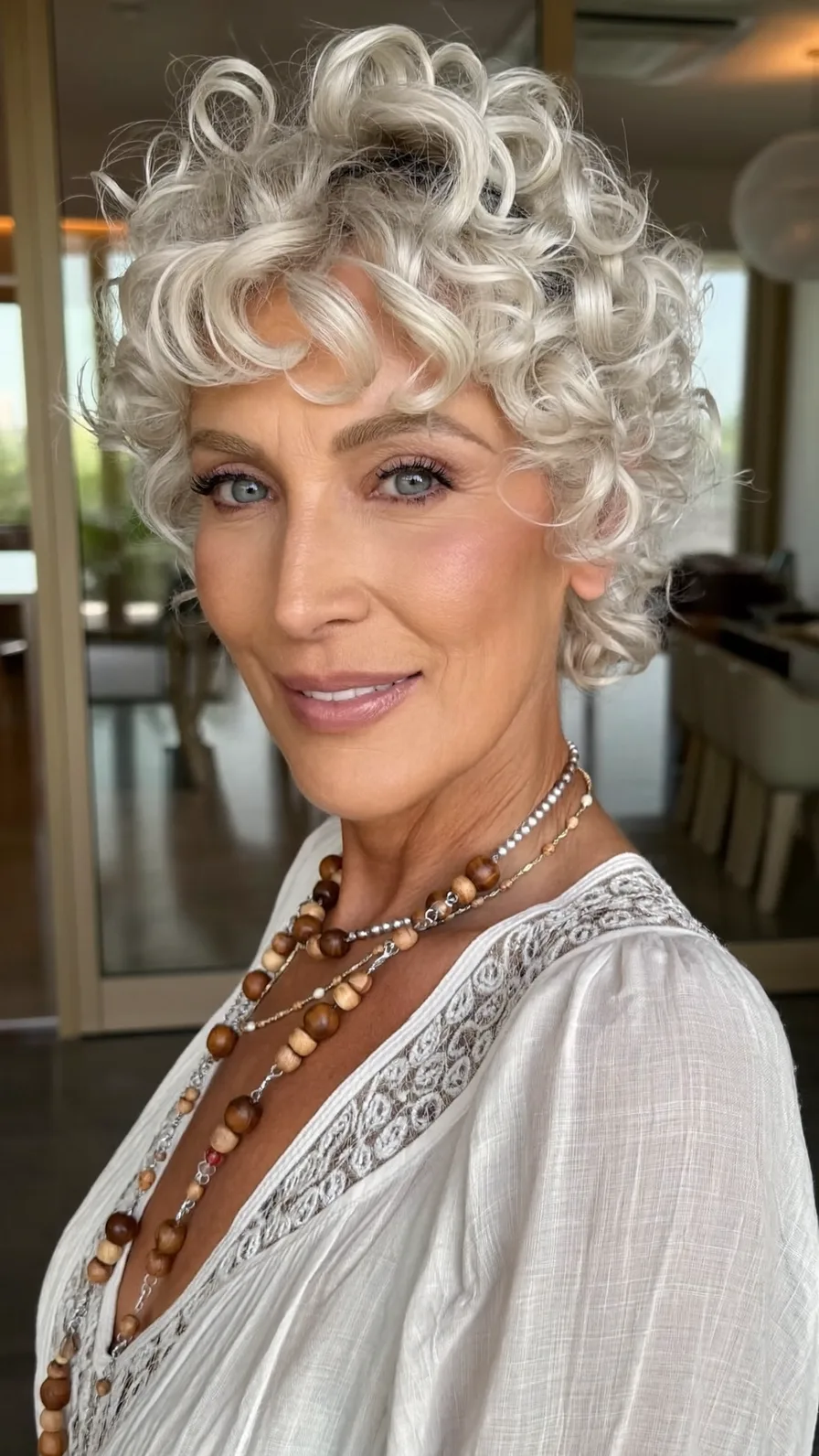 Voluminous Curly Pixie with Cool Platinum Blonde Highlights