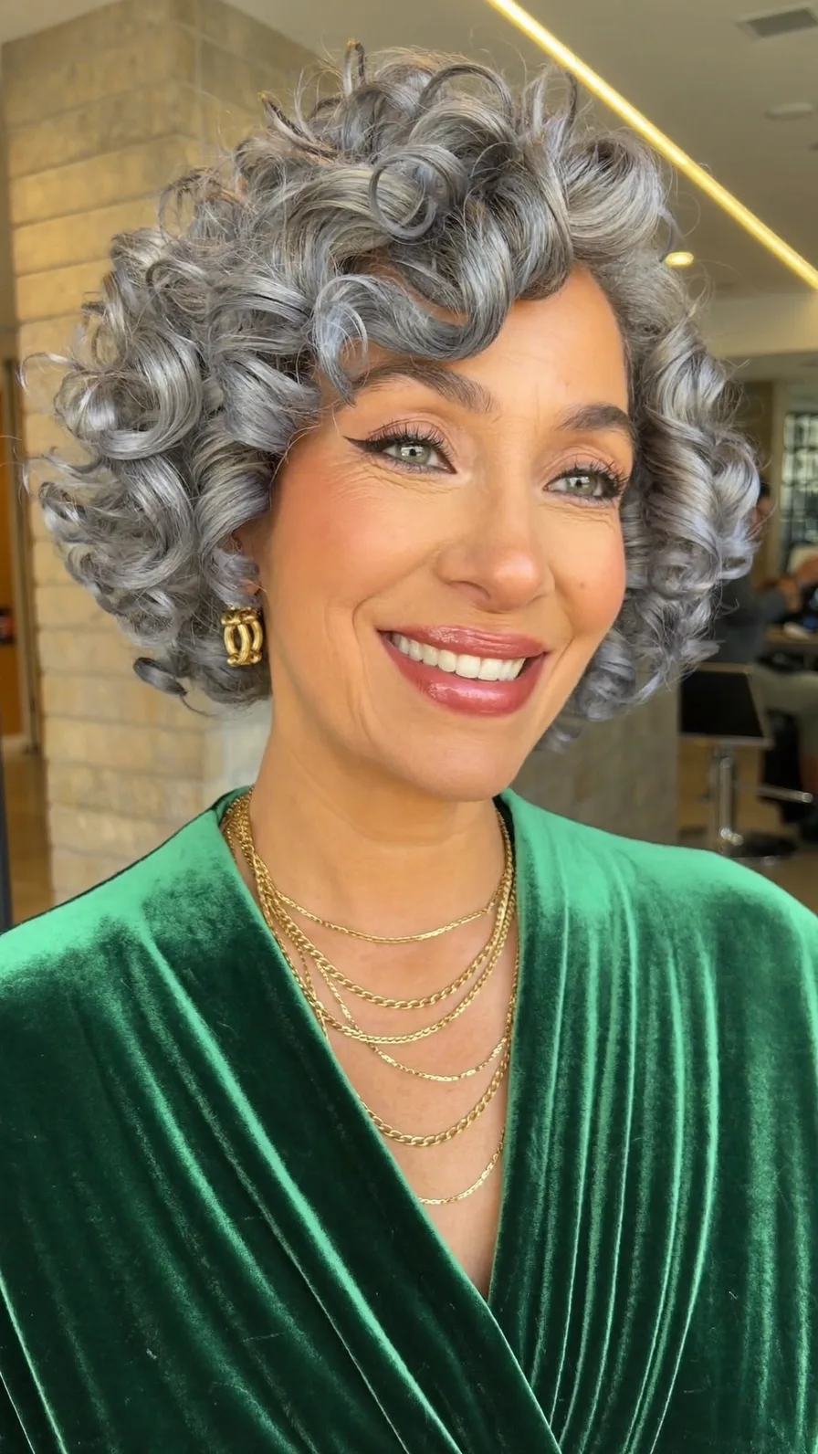 Elegant Voluminous Curly Silver Grey Chin-Length Hairstyle
