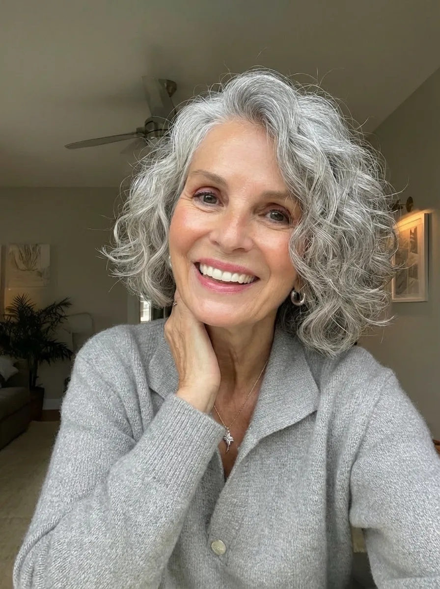 Chic Short Curly Bob in Silver Frost with Versatile Styling