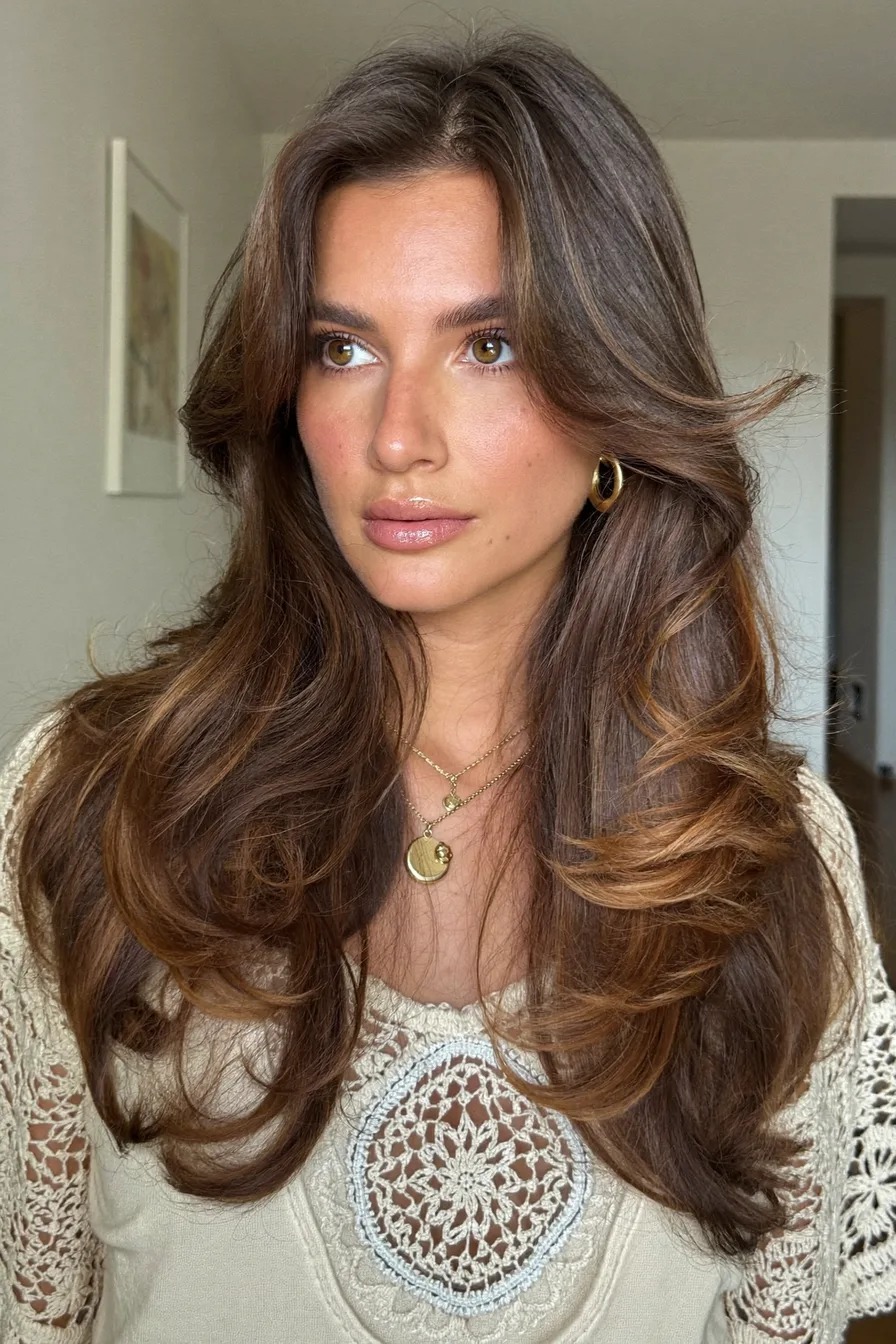 Long Layered Hair with Voluminous Curtain Bangs for Soft Movement