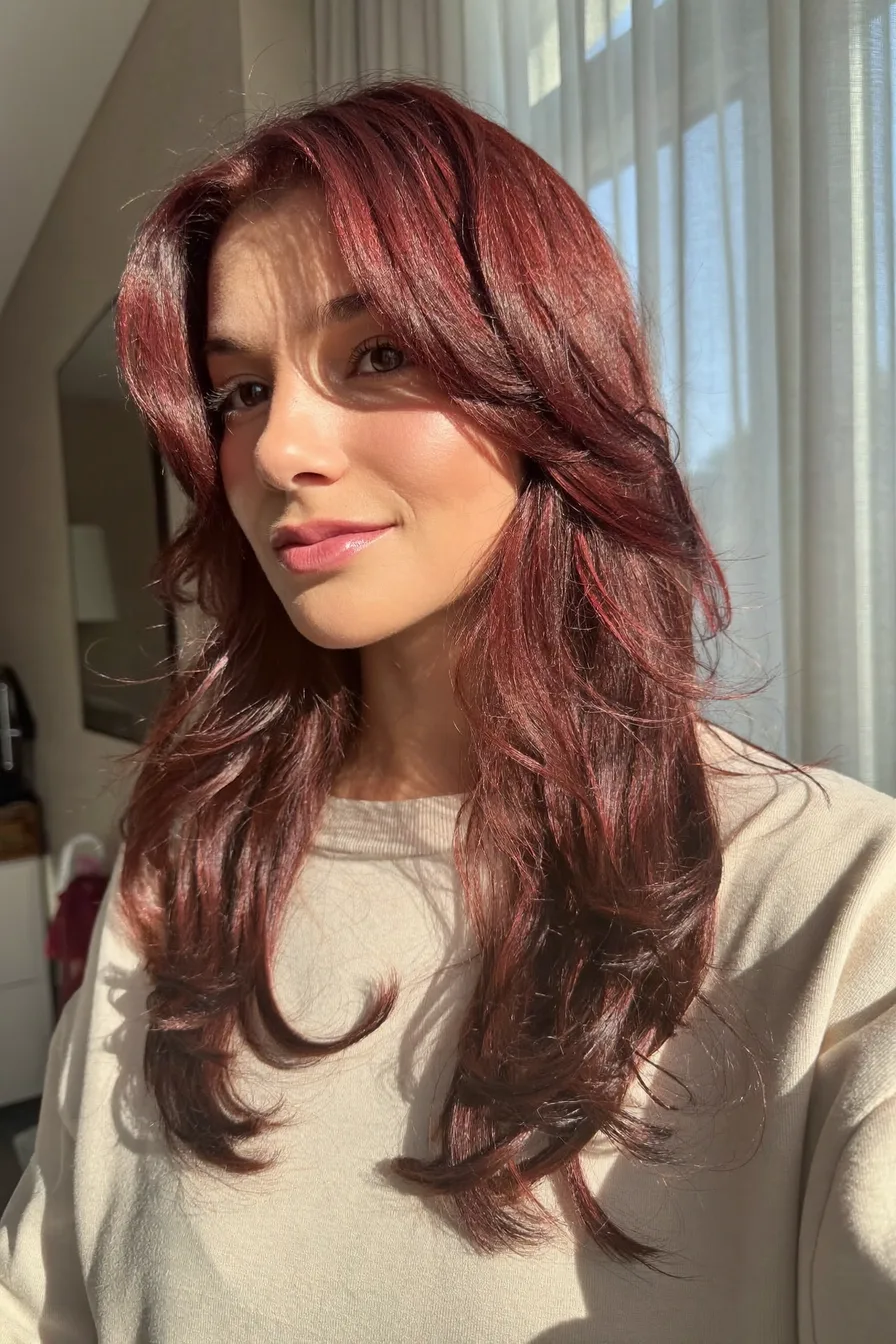 Rich Auburn Layers with Flowing Curtain Bangs for Long Hair