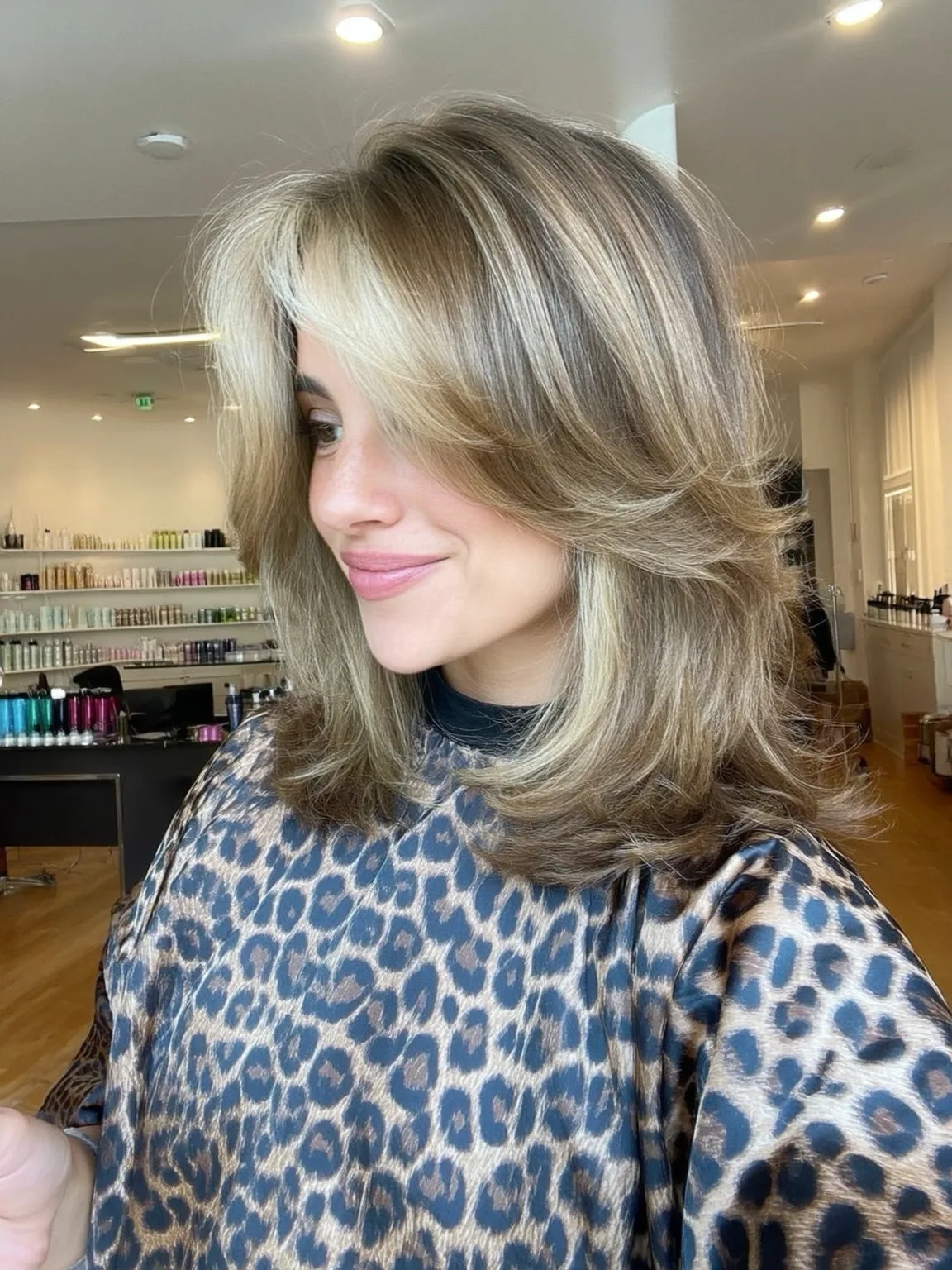 Voluminous Shoulder-Length Ash Blonde Layers with Caramel Highlights