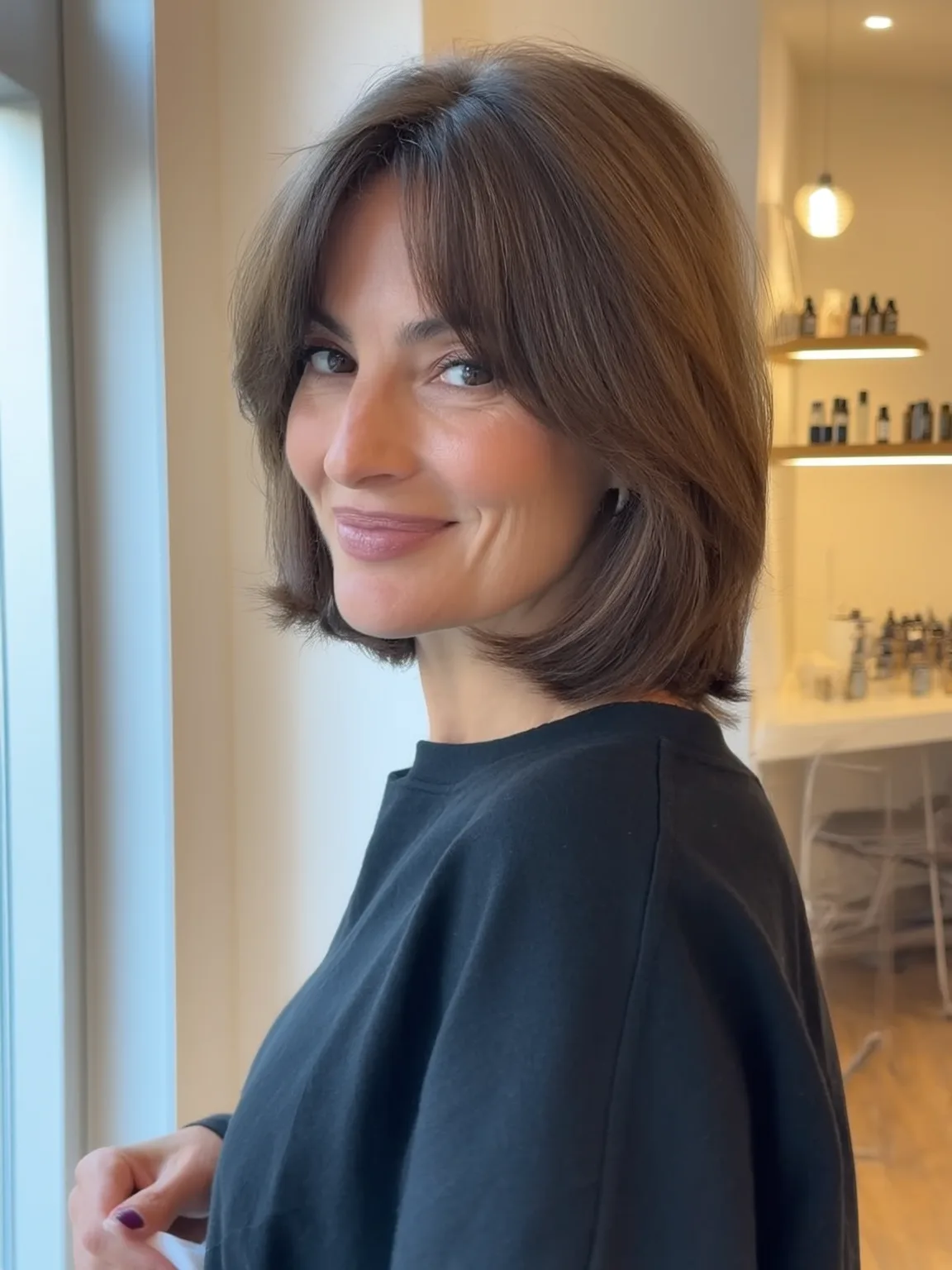 Straight Chin-Length Chocolate Brown Bob with Curtain Fringe