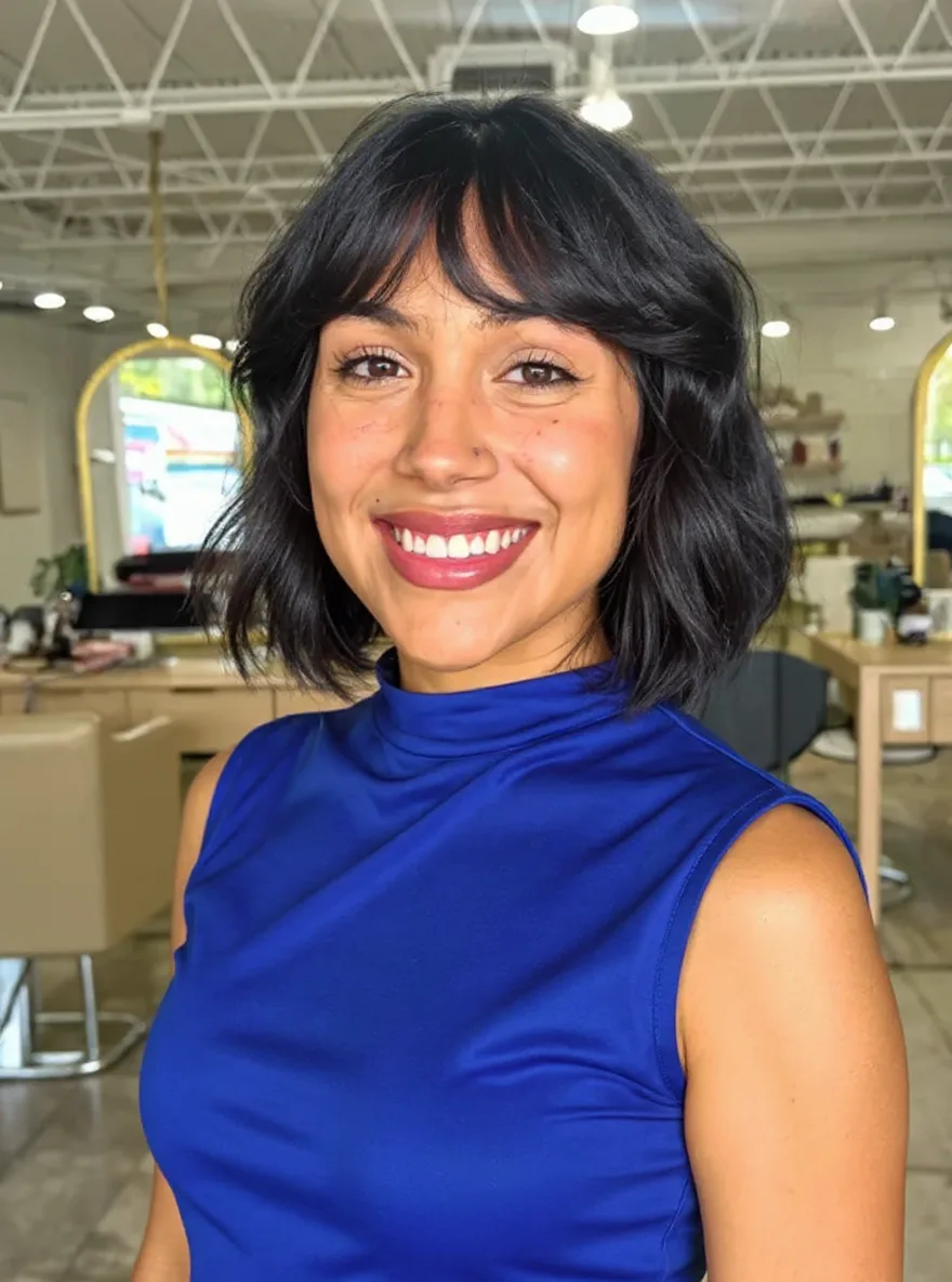 Wavy Dark Espresso Brown Bob with Curtain Bangs for Round Faces