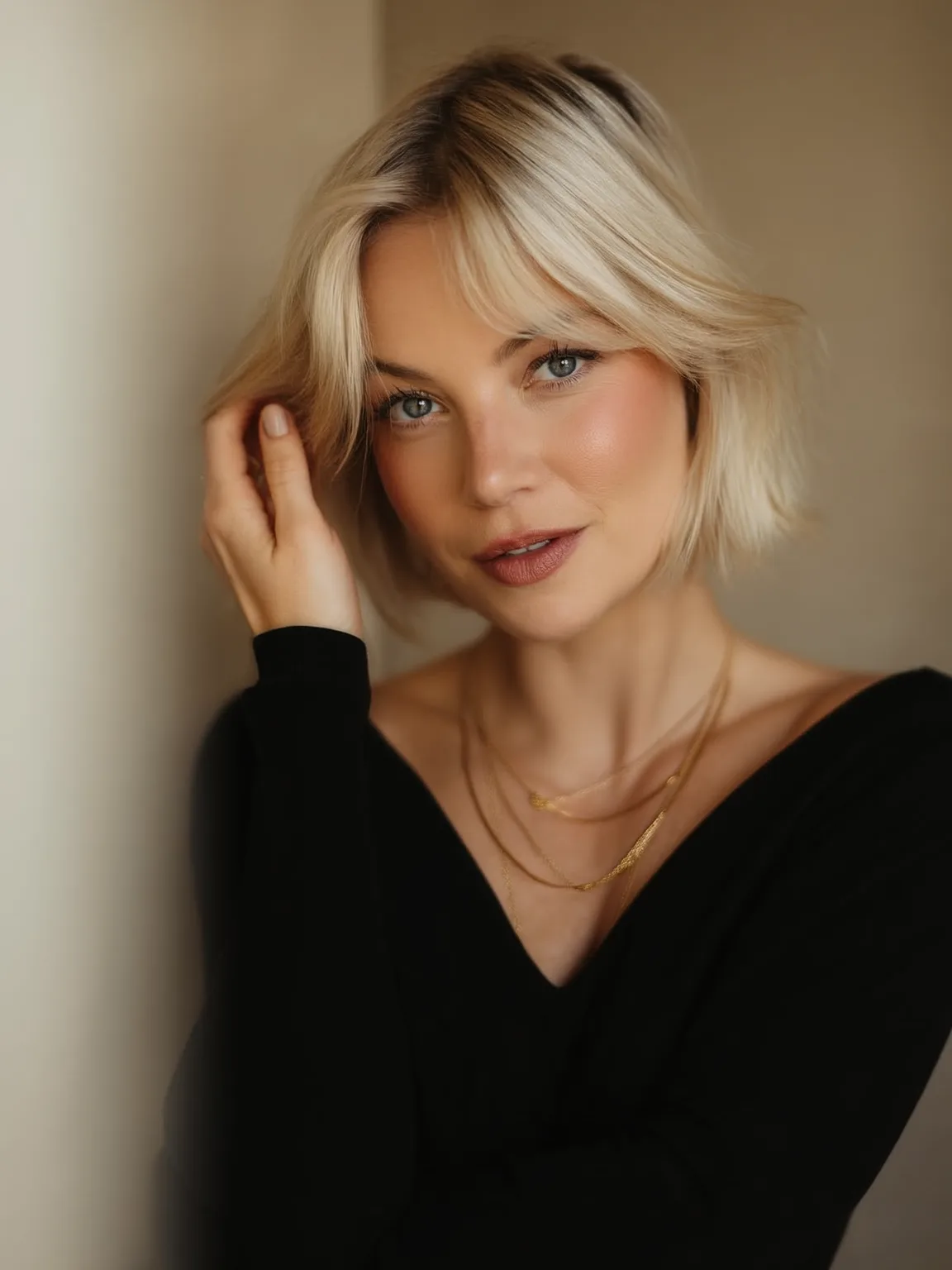 Chin-Length Blonde Bob with Curtain Bangs
