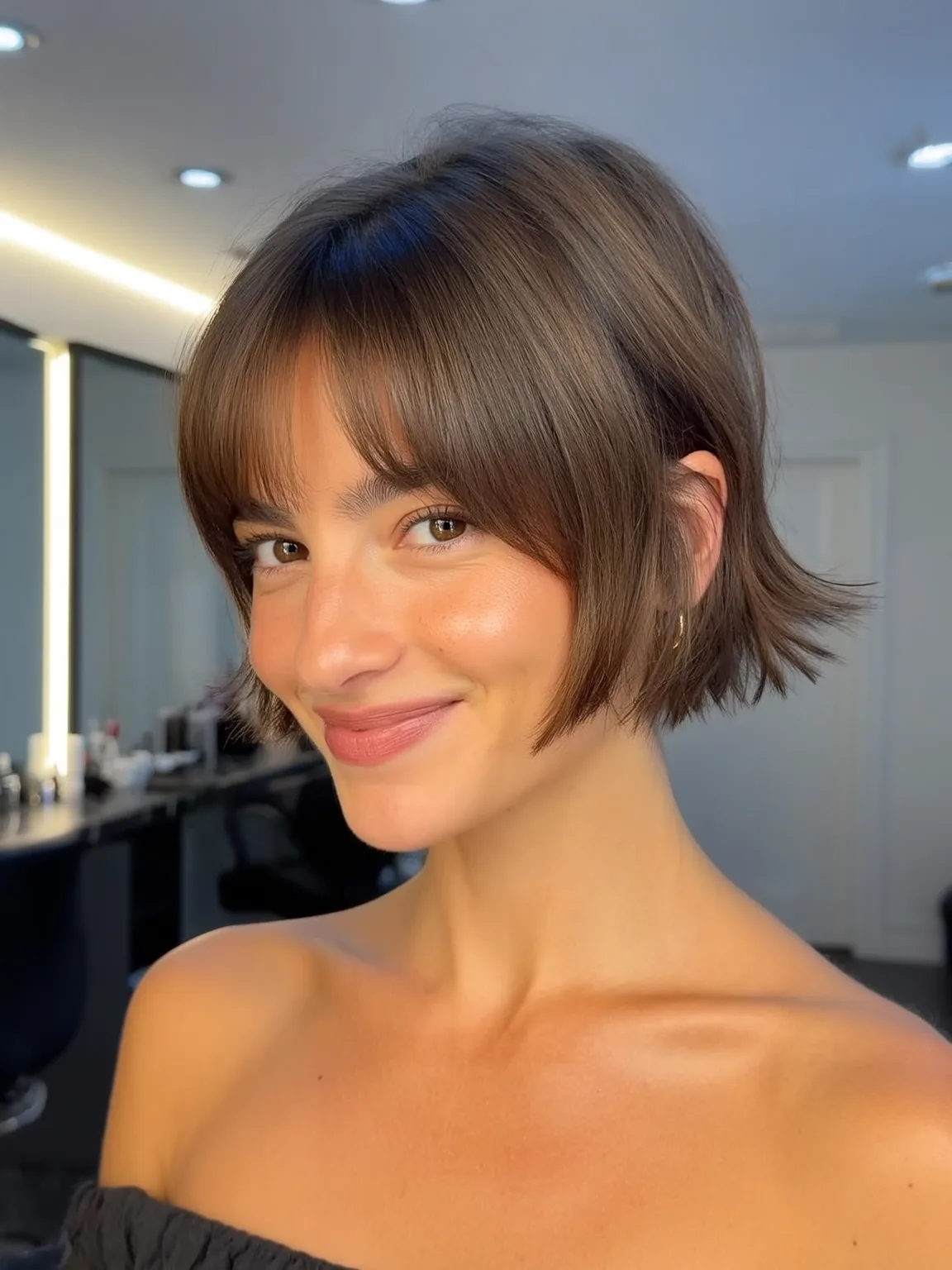 Chic Chin-Length Bob with Curtain Bangs in Chestnut Brown
