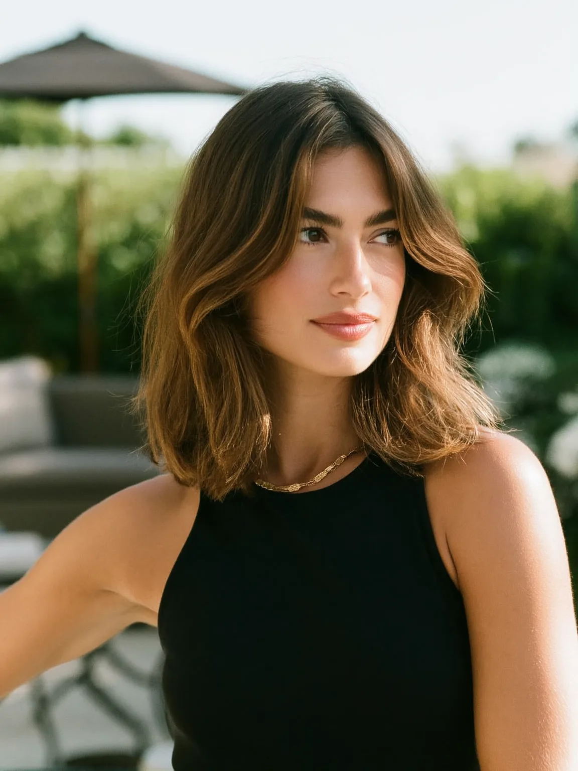 Soft Shoulder-Length Lob with Warm Caramel Waves