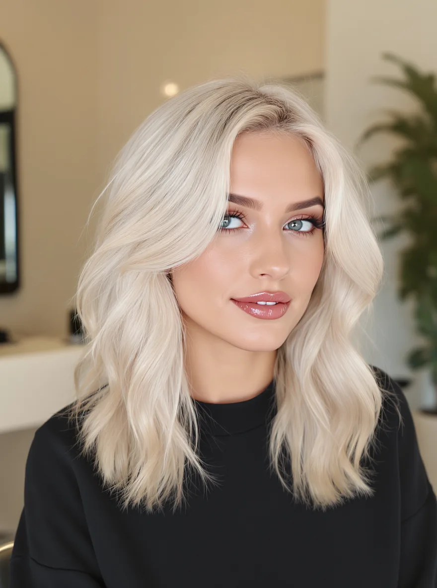 Shoulder-Length Lob with Soft Wavy Platinum Blonde