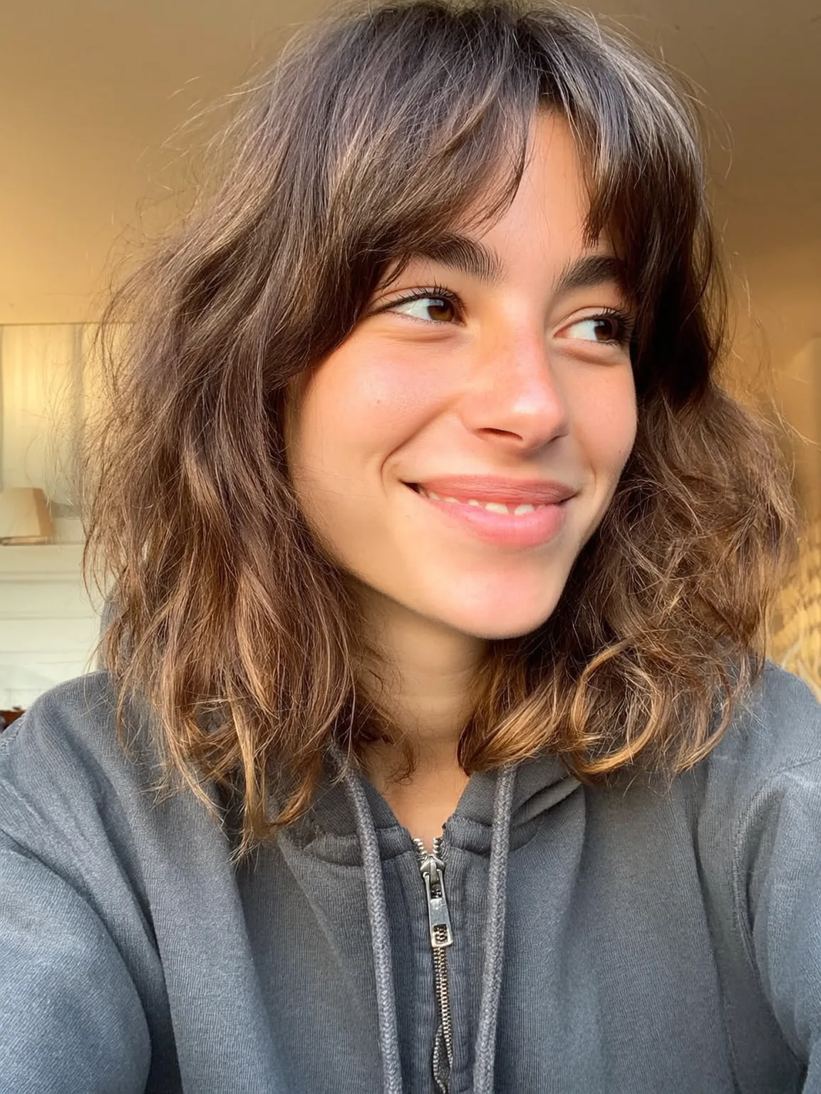 Textured Shoulder-Length Shag with Golden Chestnut Balayage