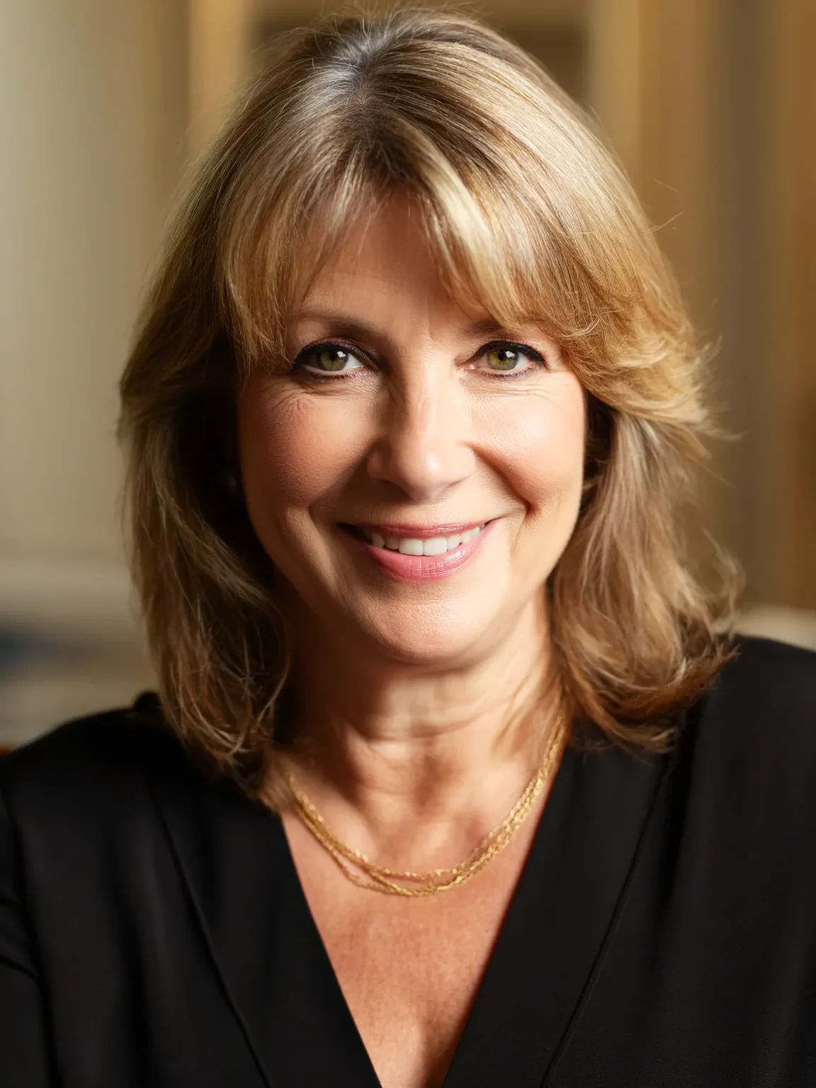 Softly Layered Shoulder-Length Cut with Warm Caramel Highlights