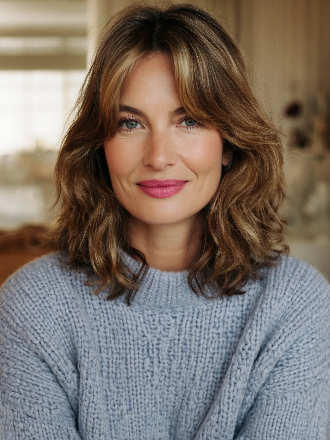 Shoulder-Length Wavy Lob with Caramel Highlights